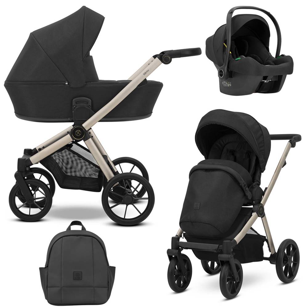 Kunert Brav 3w1 01 Black – nowoczesny wózek z aluminiową ramą, regulowaną rączką z ekoskóry, wentylowaną gondolą z osłoną UV50 i miękkim materacykiem, idealny dla maluszka i rodzica